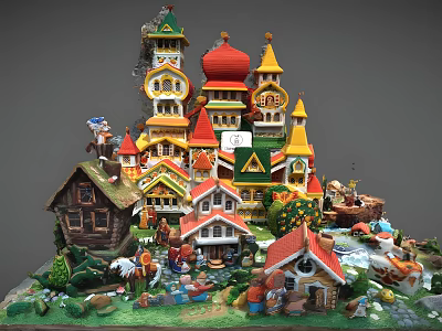 Cartoon Fairy-Tale Scene with Colorful Buildings Pointed Spires Red Domes Tiny Cottages Figures and Animals 3d model