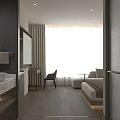 Modern Hotel Room Interior With King Bed Comfy Sofa Writing Desk And Sheer Curtains