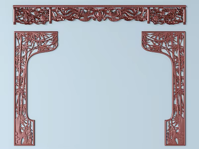 Traditional Ornate Red Carved Wooden Architectural Components With Intricate Patterns 3d model