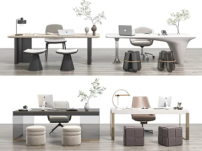 Modern Home Office Desk With Ergonomic Chair Laptop Lamp And Potted Plant 3d model
