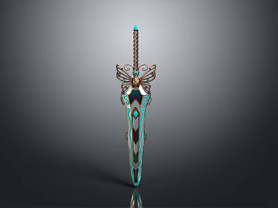 Ornate Sword With Blue Crystal Inlay Golden Accents And Butterfly Hilt Design 3d model