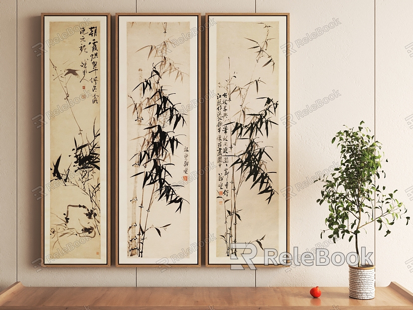 New Chinese Decorative Painting Bamboo Hanging Painting Triple Screen model