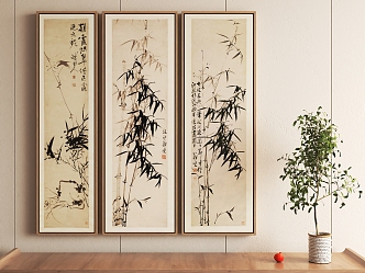 New Chinese Decorative Painting Bamboo Hanging Painting Triple Screen 3d model