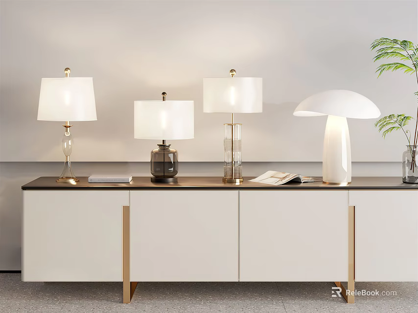 Modern Table Lamps On White Cabinet With Gold Accents And Potted Plant Books 3d model 