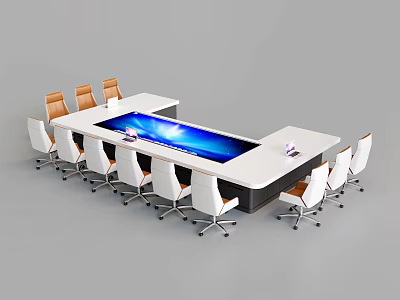 Modern Long Conference Table With Blue LED Display And White Orange Chairs For Meeting Room 3d model