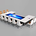 Modern Long Conference Table With Blue LED Display And White Orange Chairs For Meeting Room