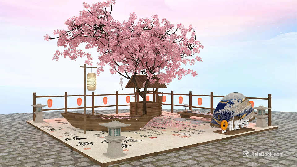 Japanese Garden Scene With Pink Cherry Blossom Tree Small Pavilion Wooden Boat And Lanterns 3d model 