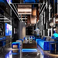 Modern KTV Lounge Interior Design With Blue Sofas Black Tables Mirrored Walls And Lighting