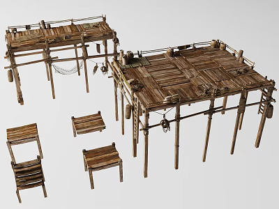 Rustic Wooden Gazebo And Chair Set With Natural Wood Structure And Design 3d model