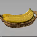 Yellow bananas in brown woven basket on dark surface with reflection