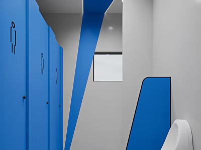 Modern Public Restroom With Blue Stall Doors Black Gender Symbols And White Walls 3d model