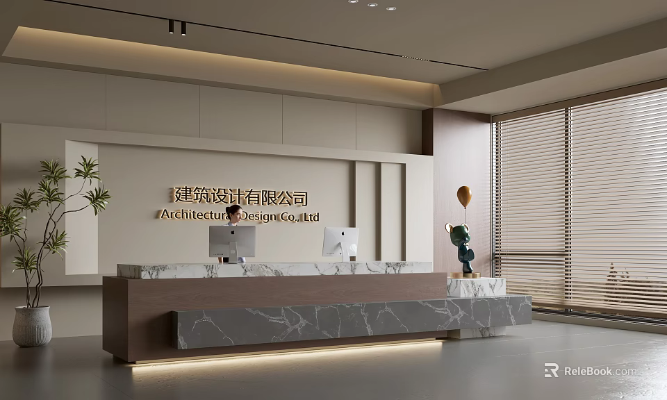 Modern Front Desk Reception for Architectural Design Company with Marble Countertop Computers Plants Balloon Decor 3d model 