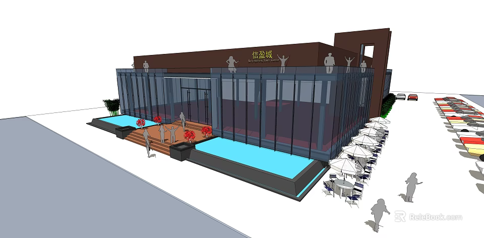 Contemporary Sales Office Building with Glass Facade Water Features and Outdoor Seating Area 3d model 