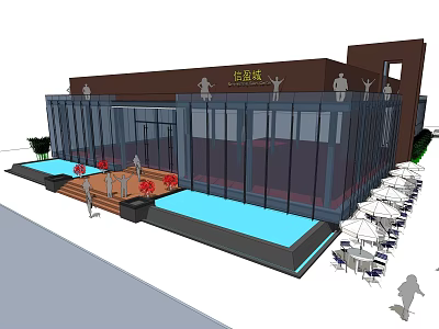 Contemporary Sales Office Building with Glass Facade Water Features and Outdoor Seating Area 3d model