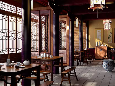 Traditional Chinese Tea House Interior With Carved Wooden Windows Wooden Tables And Lanterns 3d model