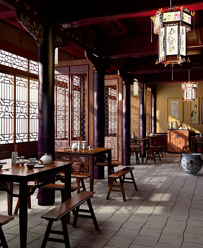 Traditional Chinese Tea House Interior With Carved Wooden Windows Wooden Tables And Lanterns 3d model