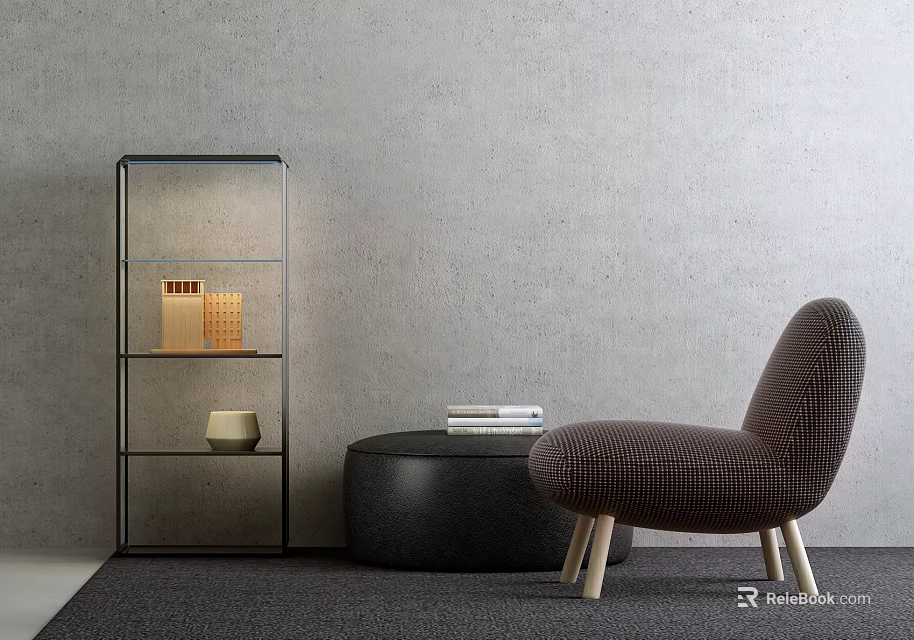 Modern Woven Accent Chair With Wooden Legs Round Black Side Table And Dark Carpet 3d model 