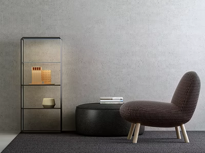 Modern Woven Accent Chair With Wooden Legs Round Black Side Table And Dark Carpet 3d model