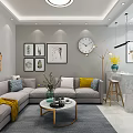 Modern Living and Dining Room Interior Design With Sofa Pillows Chandelier And Marble Wall