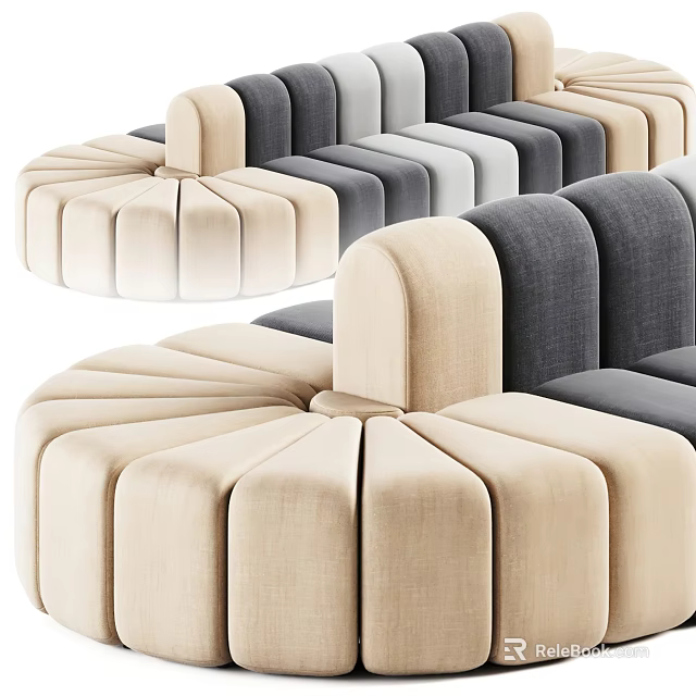 Abstract Shaped Sofa Featuring Curved Tufted Fabric In Beige And Grey Tones 3d model 