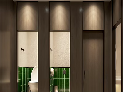 Public Restroom With Modern Wooden Stalls Green Tiles And White Toilet Lighting 3d model