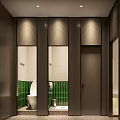 Public Restroom With Modern Wooden Stalls Green Tiles And White Toilet Lighting