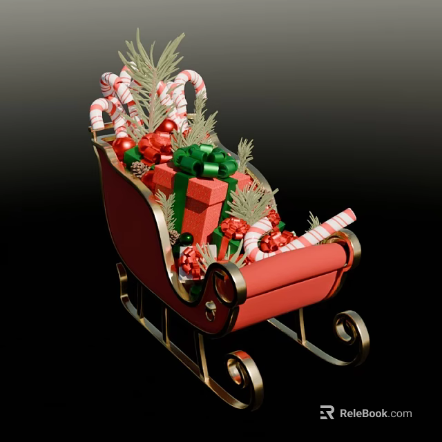Christmas Themed Window Display With Red Sleigh Candy Canes Gift Boxes And Pine Decorations 3d model 