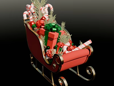 Christmas Themed Window Display With Red Sleigh Candy Canes Gift Boxes And Pine Decorations 3d model