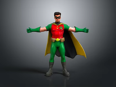 Fictional Character With Red Top Green Pants Yellow Black Cape Mask Arms Outstretched Standing 3d model