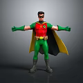 Fictional Character With Red Top Green Pants Yellow Black Cape Mask Arms Outstretched Standing