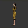 Woman in Yellow and Black Patterned Dress with Short Hair and Outstretched Arms