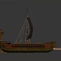 Ancient Wooden Water Vessel with Large Sail and Ornate Decorative Bow Design