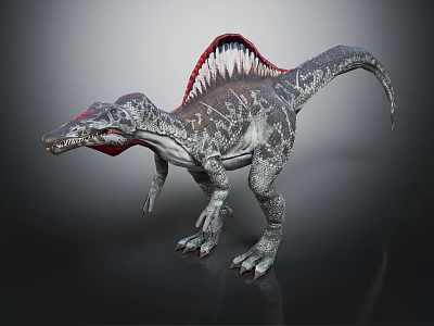 Realistic Sail Backed Spinosaurus Dinosaur With Textured Skin Red Gray Coloration Sharp Claws 3d model