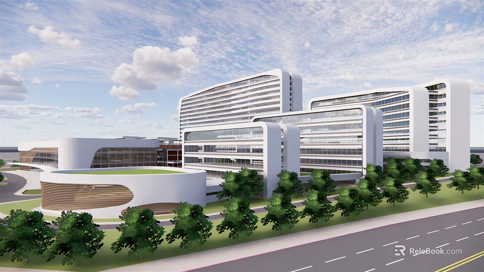Modern Office Building Complex Featuring Glass Facades Green Landscaping And Open Plaza 3d model 