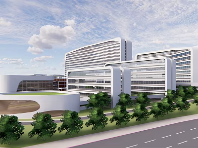 Modern Office Building Complex Featuring Glass Facades Green Landscaping And Open Plaza 3d model