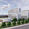 Modern Office Building Complex Featuring Glass Facades Green Landscaping And Open Plaza