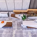 Modern Reception Desk With White Stone Top Wooden Accents And Green Plant Decor