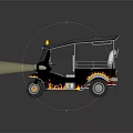 Three Wheeled Auto Rickshaw With Yellow Warning Light Black Roof And Flame Side Patterns