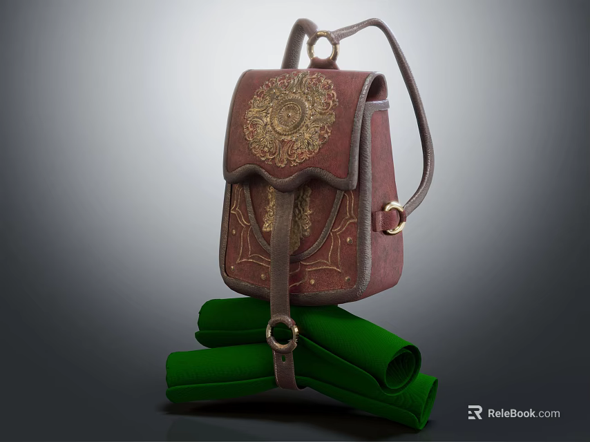 Classic Vintage Leather Backpack Featuring Golden Ornate Patterns And Green Scrolls 3d model 