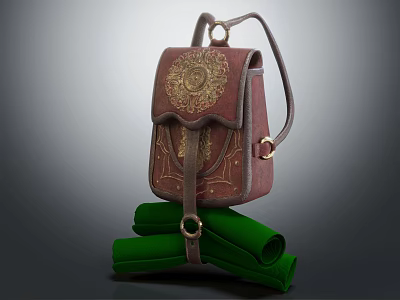 Classic Vintage Leather Backpack Featuring Golden Ornate Patterns And Green Scrolls 3d model