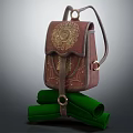 Classic Vintage Leather Backpack Featuring Golden Ornate Patterns And Green Scrolls 3d model