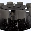 Modern Round Black Dining Table Set With Eight Gray Chairs And Marble Pattern Floor 3d model