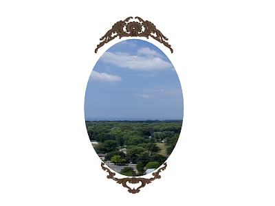 Oval Mirror With Ornate Decorative Frame Reflecting Blue Sky Clouds And Green Trees 3d model