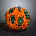 Decorative Orange Pumpkin With Green Spots Bumpy Texture And White Stem
