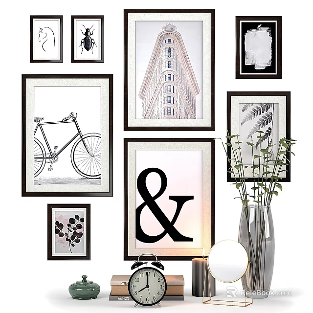Minimalist Decorative Ornaments Set With Framed Artworks Ampersand Decor Vase And Potted Plant 3d model 