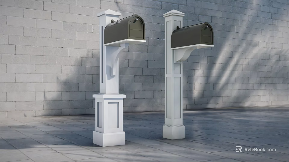 Sturdy Two White Commercial Mailbox Posts With Black Mailboxes For Outdoor Use 3d model 