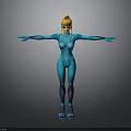 3D Rendered Female Character In Blue Bodysuit With Yellow Hair And Outstretched Arms