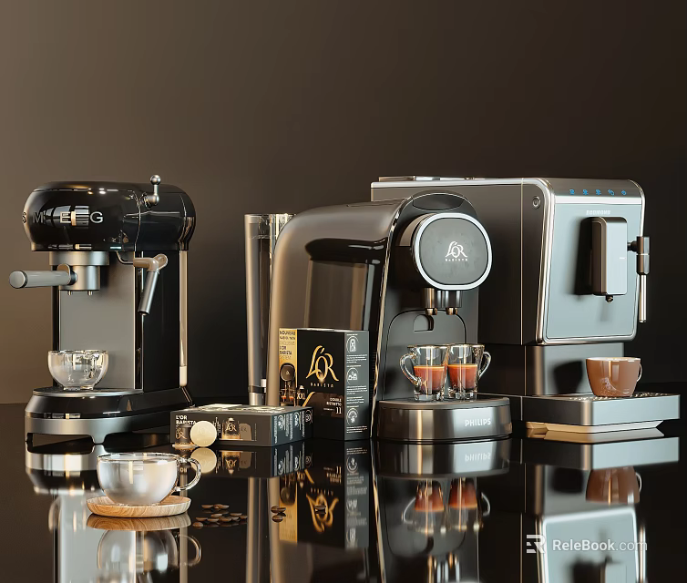 Modern Sleek Kitchen Appliances Coffee Machines Grinders With Coffee Cups On Reflective Countertop 3d model 