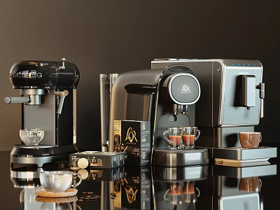 Modern Sleek Kitchen Appliances Coffee Machines Grinders With Coffee Cups On Reflective Countertop 3d model