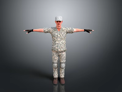 Man in Camouflage Military Uniform with Cap Knee Pads Boots and Arms Outstretched 3d model